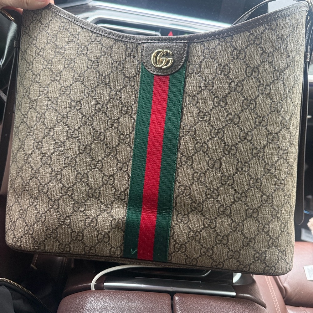 GG Beige Tote with Red and Green Stripe